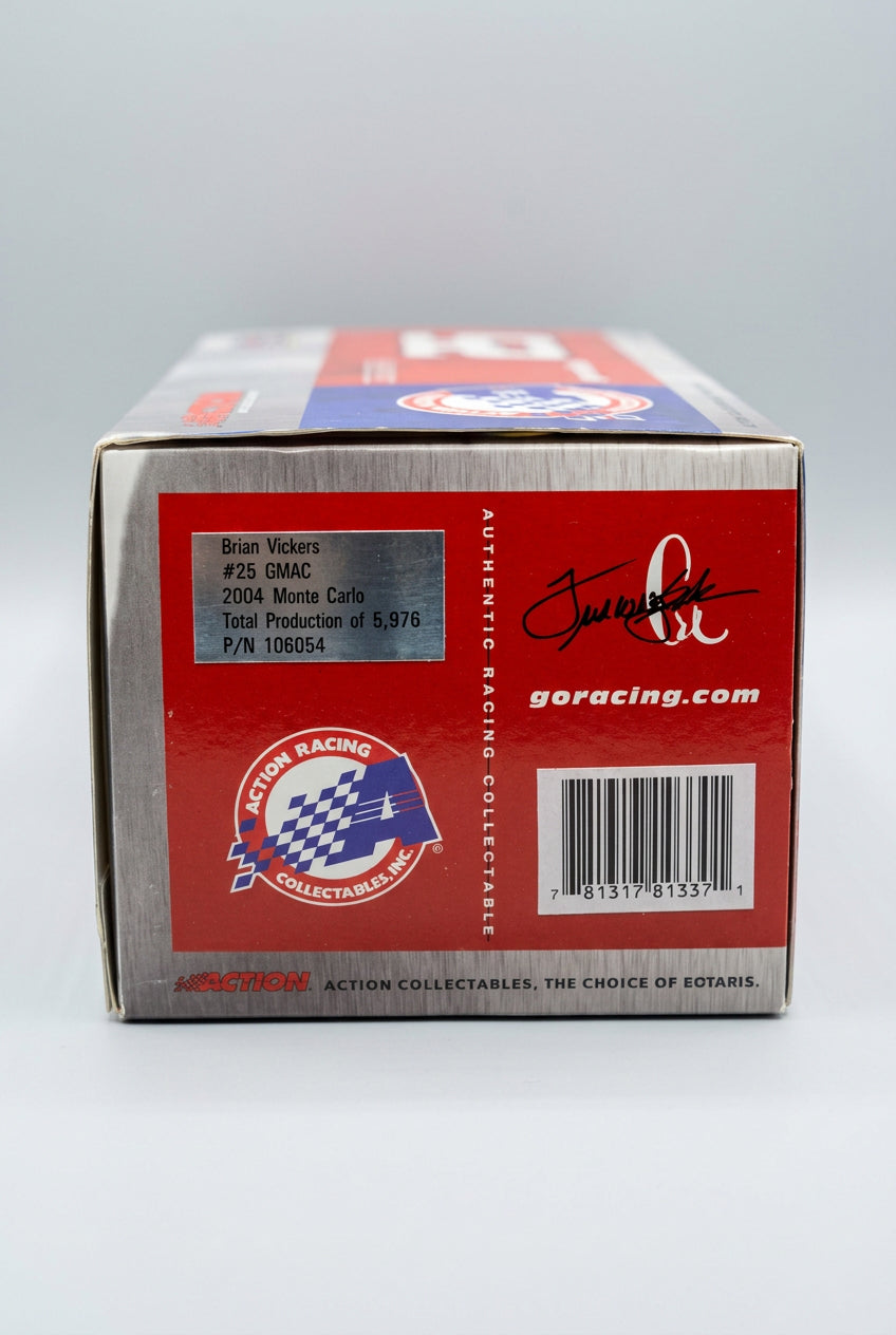 Box label identifying Brian Vickers 2004 No. 25 GMAC Monte Carlo and production run of 5,976
