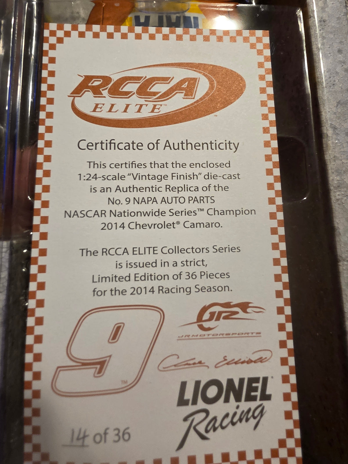 Chase Elliott 2014 NAPA Champion Camaro RCCA Elite Vintage Finish 1:24 Diecast